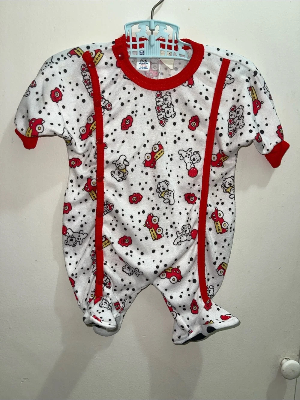 Vintage Buster Brown Footie One-Piece Sleeper Firemen Dalmatians Red Trim Sz 0/3